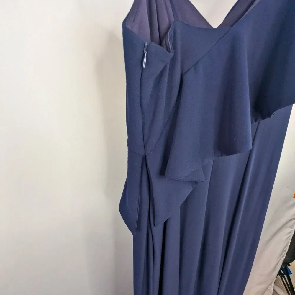 Xscape Elegant Navy Asymmetrical Ruffle Maxi Evening Gown Size 6 Wedding Event